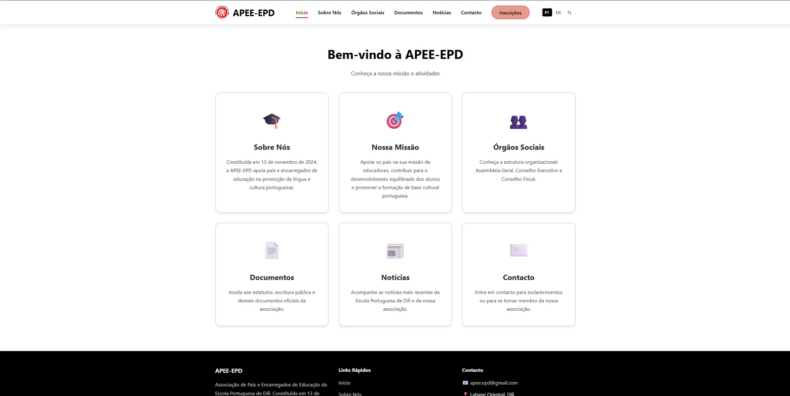 School Association: “Welcome to APEE-EPD” section with the About Us, Mission, Governing Bodies, Documents, News and Contact cards